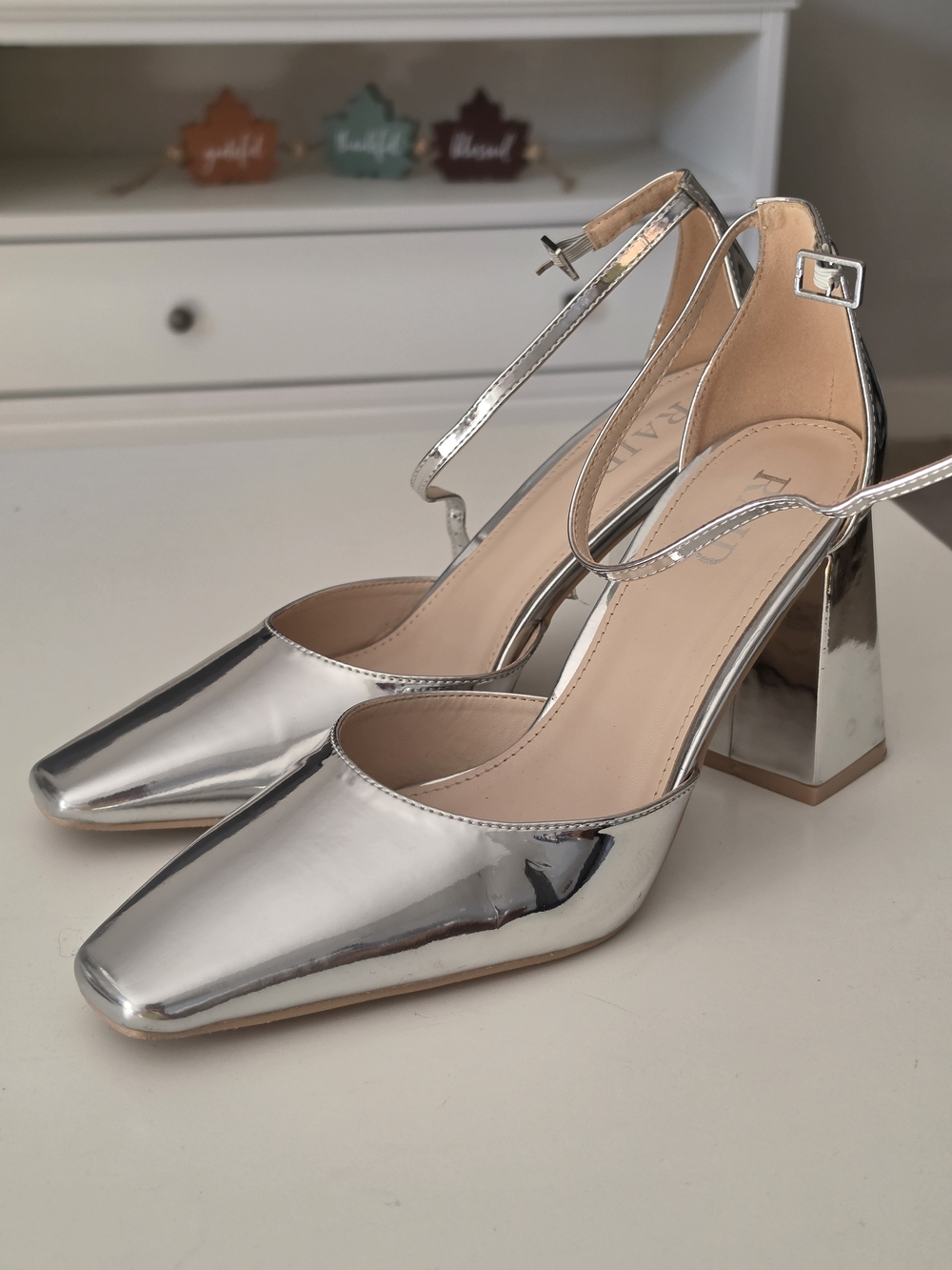 Raid Silver Metallic Block Heel Ankle Strap Pumps - Women